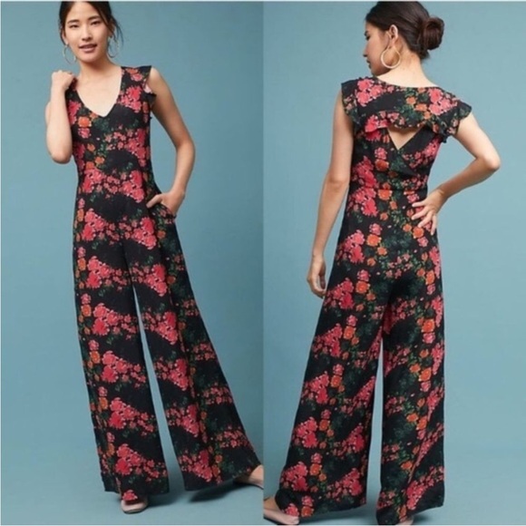 NWT Anthropologie Plenty Tracy Reese Lauretta Floral Wide Leg Jumpsuit Black - M - Picture 1 of 13